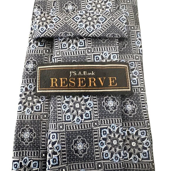 JOS.A. Bank Reserve Mens 100% Silk Necktie Geometric Pattern In Black & Gray - Picture 3 of 8